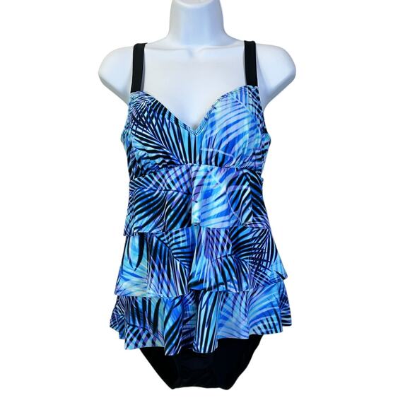 Swim Solutions Leaf It Alone Tiered Fauxkini One-Piece Blue Multi Women 8 - Picture 2 of 9
